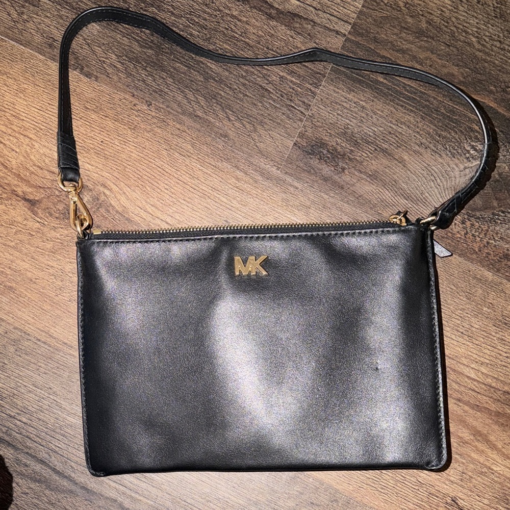 Michael Kors Black Leather Crossbody Pouch with Gold MK Logo